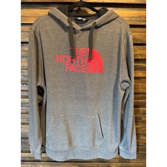 The North Face Red Logo Cotton Mens LRG Long Sleeve Gray‎ Pullover Hoodie EUC - Picture 1 of 8